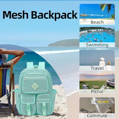 Green Mesh Backpack for Girls Boys, Mesh Bookbags Heavy Duty Semi-Transparent School Bag for College, Travel, Beach, Swimming, Sports - color: Green