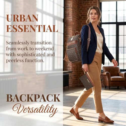 Women's Convertible Backpack Purse, Large Leather Travel Backpack 2PC Set - color: Coffee
