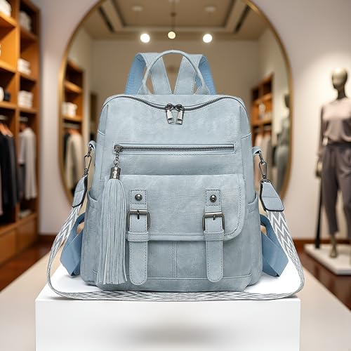 Fashion PU Leather Backpack Purse for Women Travel Backpack Bag with Tassel Ladies Shoulder Handbags Casual Daypack - color: Light Blue