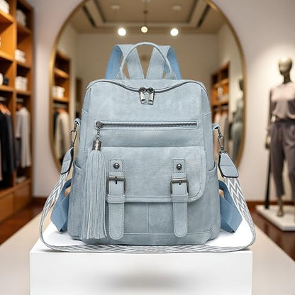 Fashion PU Leather Backpack Purse for Women Travel Backpack Bag with Tassel Ladies Shoulder Handbags Casual Daypack - color: Light Blue