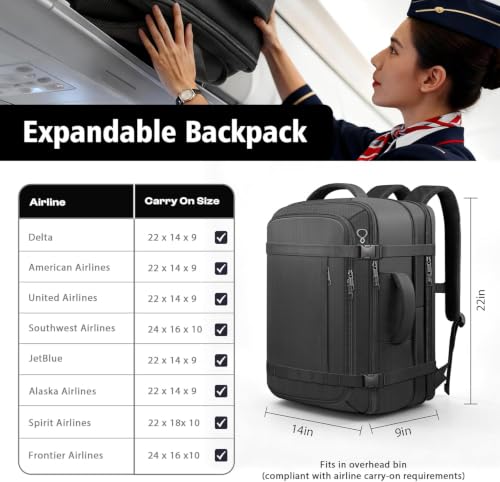 Roomy Carry On Backpack, Expandable Large Capacity Travel Backpack 1-7 Days with LifetimeWarranty,Fits18.4" Laptop,Water Resistant Anti Theft Carry on Laptop Backpack for Men Women,Flight Travel,Black - color: Black, size: 18.4inch (22"x14"x9")