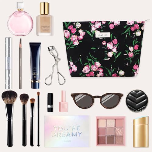 Wudygirl Makeup Bag Aesthetic Makeup Pouch Toiletry Bag Canvas Cosmetic Bag for Women and Girls Large Capacity Travel Makeup Bag Cute Pencil Pouch with Zipper (Black and Red Floral) - color: Black Floral