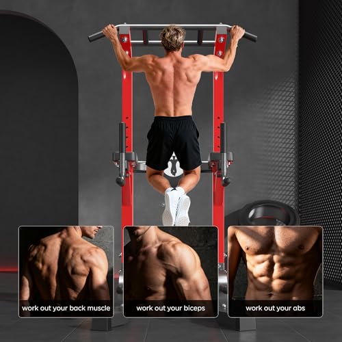 DlandHome Power Tower Pull Up Bar Station, Heavy Duty Pull Up Dip Station Adjustable Height for Home Gym Strength Training Equipment, 330LBS Weight Capacity - color: Red