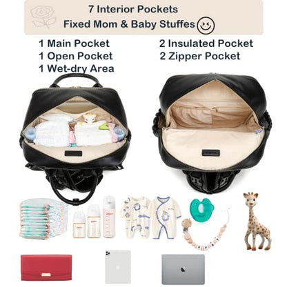 Leather Diaper Bag Backpack for Women with Multiple Pockets,Laptop Compartment and Changing Pad. - color: Black