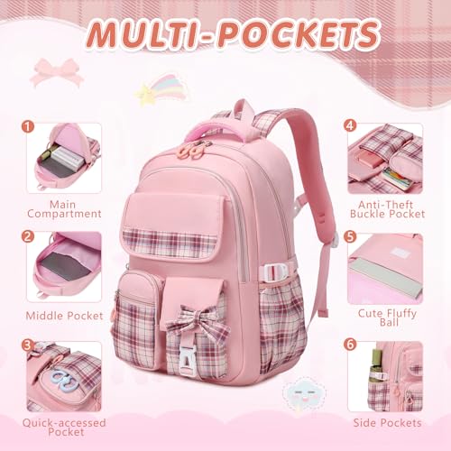 GeeWin School Backpack for Girls, Bookbags Back Pack School Bag for Teen Girl Elementary Middle School Student, Cute Stylish Plaid Girls Backpack with Matching Insulated Lunch Bag & Pencil Bag(Pink) - color: Pink