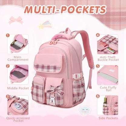 GeeWin School Backpack for Girls, Bookbags Back Pack School Bag for Teen Girl Elementary Middle School Student, Cute Stylish Plaid Girls Backpack with Matching Insulated Lunch Bag & Pencil Bag(Pink) - color: Pink