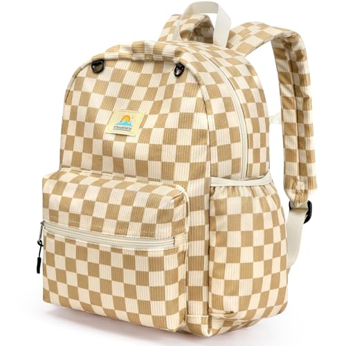 STEAMEDBUN Corduroy Kids Backpack for Girls and Boys 5-8: Girls Backpack for Elementary Kindergarten - 15 inch Cute Backpacks for Kids - Checkered - color: Brown Checkered Corduroy, size: SMALL-15"H(fit folder)