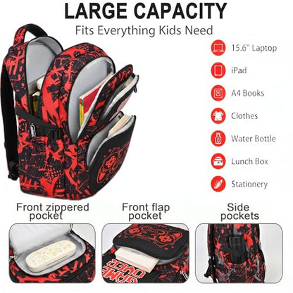 3PCS Kids Backpack Set, School Backpack with Lunch Bag & Pencil Case, Lightweight Waterproof Bookbag for Kids (Gamer Red) - color: Gamer Red
