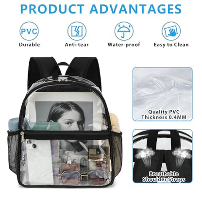 Fammart Clear Backpack Stadium Approved 12x6x12 - Kids & Small Adult Transparent Backpack for School, Work, Sports, Concerts - Clear Bag - color: Black