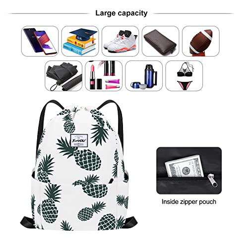 XEYOU Drawstring Sports Backpack Lightweight Gym Yoga Sackpack Shoulder Rucksack Casual Outdoor Daypack for Women and Men | Lightweight - color: Beige Pineapples Pattern