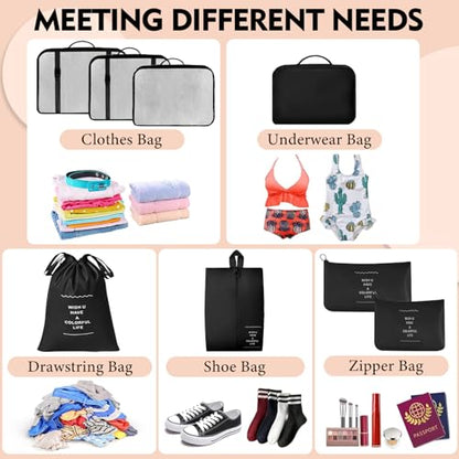 8 Set Packing Cubes For Travel-Travel Essential Carry On Luggage Organizer,Bring Laundry Bag, Shoe Bag, Clothing And Underwear Bag (Black) - color: Black