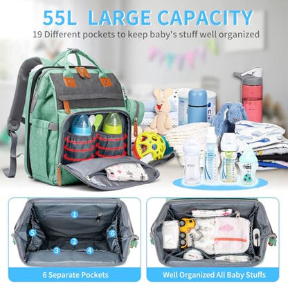 KABAQOO Diaper Bag Backpack with Detachable Changing Station, Large Capacity Baby Diaper Bags for Boys & Girls, Baby Registry Search Stuff & Shower Gifts, Newborn Essentials Must Haves, Green Grey - color: Green Grey
