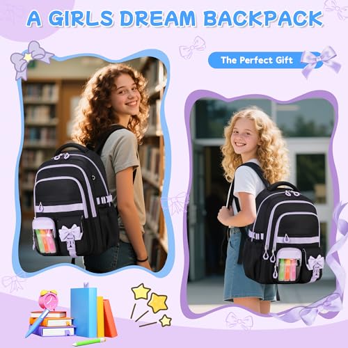 Girls Backpack, 17-Inch Bookbag for Middle & Elementary School, Kawaii Kids Backpack for Girls Ages 6-12(Black Purple) - color: Black Purple
