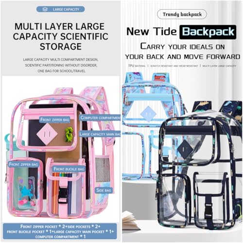 Clear Backpack-Heavy Duty PVC clear backpack for Stadium/Travel/Work,Dual Zippered Compartments&Mesh Side Pockets (pink) - color: Pink