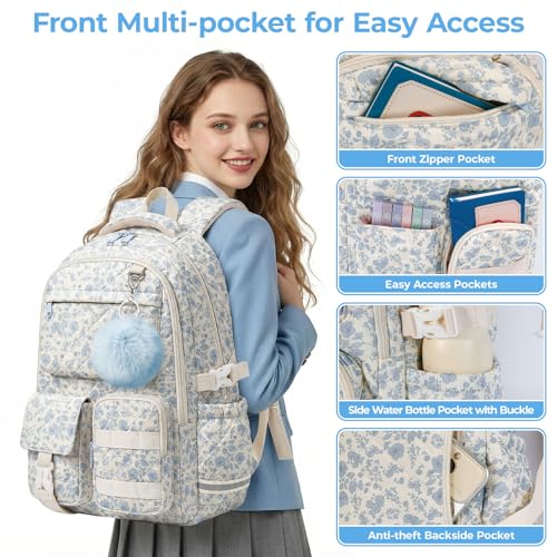 Quilted Backpack for Teen Girls, Cute Blue Floral School Backpack with Multi-Pocket Design, Lightweight Cotton Bookbag Fits 15.6" Laptop, Large Capacity Aesthetic Backpack with Plush Charm - color: Blue Floral