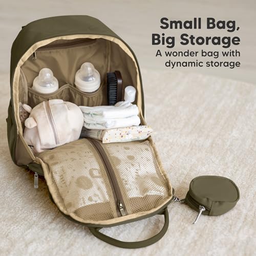 KeaBabies Diaper Bag Backpack - Small Multifunctional Travel Diaper Back Packs, Maternity Baby Changing Bags, 12L Capacity, PU Leather, Waterproof, Unisex, Nappy Changing Pad (Dark Olive, Small) - color: Dark Olive, style: Small / 13" H
