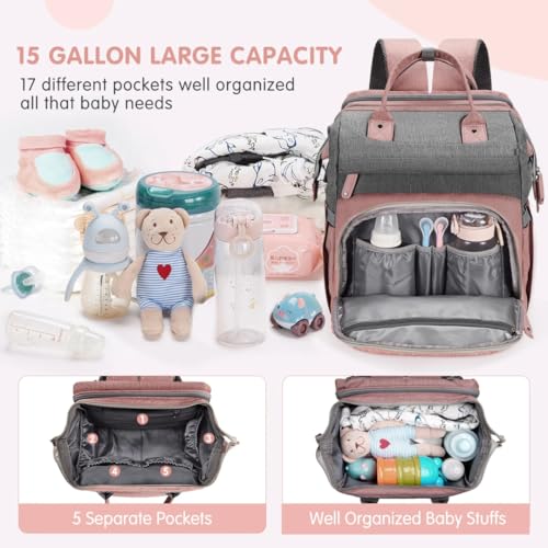 UR Choice Baby Diaper Bag With Changing Station, Travel Waterproof Diaper Bagpack For Mom Dad With USB Charging Port, Large Capacity & Multifunctional With Insulated Pacifier Case - Pink
