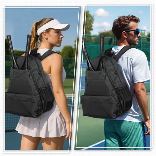 Tennis Backpack for Rackets, Waterproof Tennis Bag with Shoe Compartment, Wet/Dry Pocket, Fence Hook, for Tennis, Pickleball, Badminton - color: Black