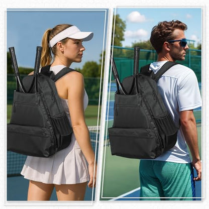 Tennis Backpack for Rackets, Waterproof Tennis Bag with Shoe Compartment, Wet/Dry Pocket, Fence Hook, for Tennis, Pickleball, Badminton - color: Black