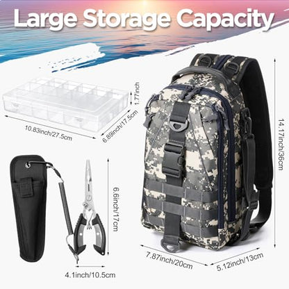 RoundFunny 85 Pcs Fishing Backpack with Tackle Boxes, Tackle Sling Bag with Rod Holder, Fish Lures and Pliers, Fish Tools Gears & Equipment Father's Day Fishing Gift for Dad Men - color: Jungle Camouflage