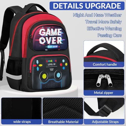 School Backpack for Boys - Gamer Boys Backpack for Kids Children Teens Elementary Middle School - 17″ Video Game Bookbag Travel Back Pack for Age 6-18 - color: Gamer Red-backpack Only