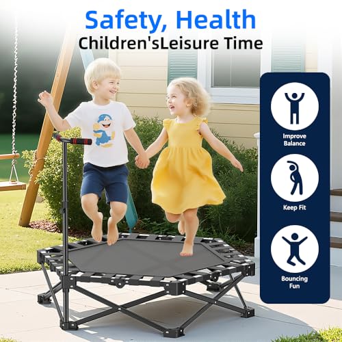 RYGEO Mini Fitness Trampoline with Adjustable Handle Bar, Black, Indoor Exercise Rebounder for Kids, Foldable Frame