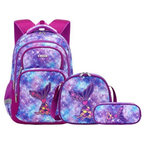 Cusangel Purple Mermaid 3pcs Set with Lunch Box Pencil Case,Multi Compartment Backpack, Dinosaur Backpack Chest Strap Side Pockets 16 Inch - color: Purple Mermaid 16in 3pcs