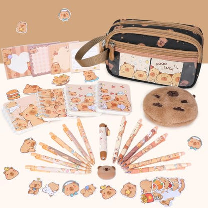 Capybara Theme Backpack for School Girls, 35PCS Kids Backpack Set with School Supplies Stationery Kit Lunch Box Pencil Case, Cute Girls Bookbag for Kindergarten Elementary Student - color: Black