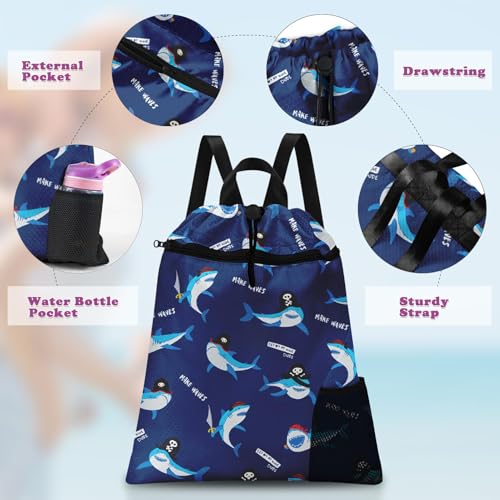 Blue Shark Drawstring Backpack, 15” x 17” Waterproof Swim Bag for Beach Swimming Pool, Lightweight Foldable Gym Bag with Water Bottle Holder for Sports Travel - color: Blue Sharks