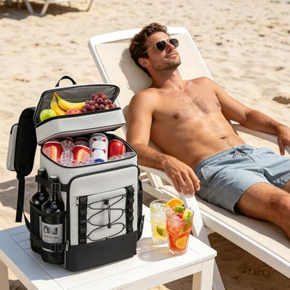 Backpack Cooler Insulated, Leak Proof, 33 Can Capacity, 2 Compartments, Portable Lightweight Thermal Bag for Camping, Beach, Travel, Lunch - color: Grey