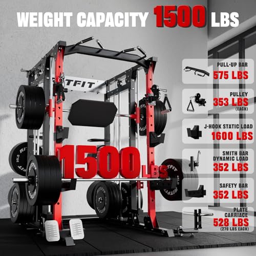 RitFit Buffalo Smith Machine, Power cage with LAT-Pull Down System & Cable Crossover System, All-in-One Squat Rack for Home Gym, Power Rack - color: RED, size: Package(With Bench)