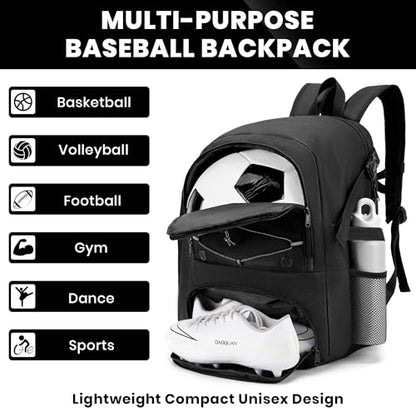 Soccer Backpack with Ball Holder,Youth soccer Bag for Basketball,Volleyball-Includes Separate Shoe Compartment&and Insulation (Black) - color: Black