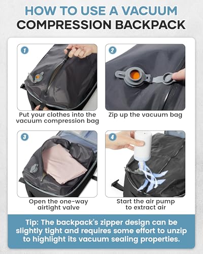 BOXSAM Vacuum Travel Backpack with Pump for Women Personal Item Carry on Backpacks 18x14x8 inches Flight Approved Laptop Waterproof Work Compression bags Casual Daypack Black - color: A1-black