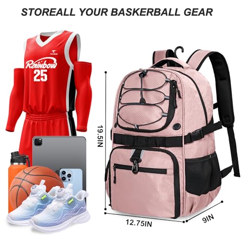 Basketball Backpack with Separate Ball & Ventilated Shoe Compartment, Sports Bag with Hook for Men Women Teens Training Travel - color: Flesh Pink