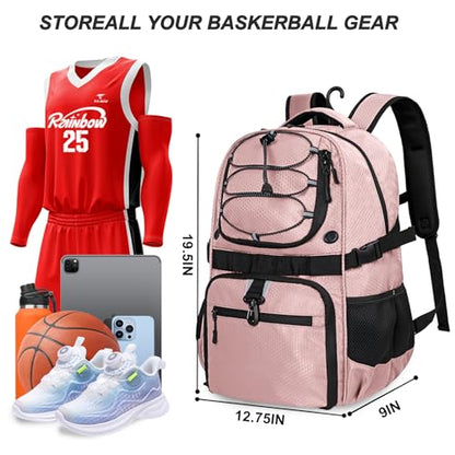 Basketball Backpack with Separate Ball & Ventilated Shoe Compartment, Sports Bag with Hook for Men Women Teens Training Travel - color: Flesh Pink