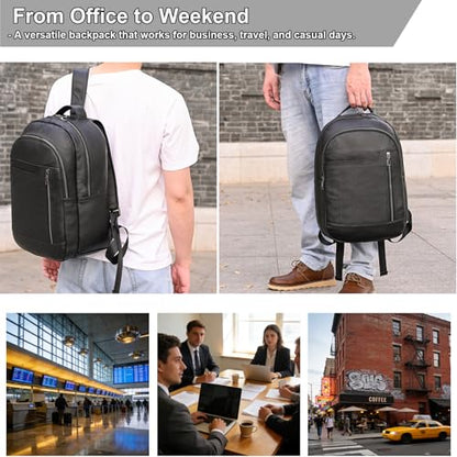 Large Capacity Black Leather Backpack for Men, 15.6 Inch Genuine Leather Laptop Backpack Business Travel Shoulder Daypacks - color: Y80&16y Black