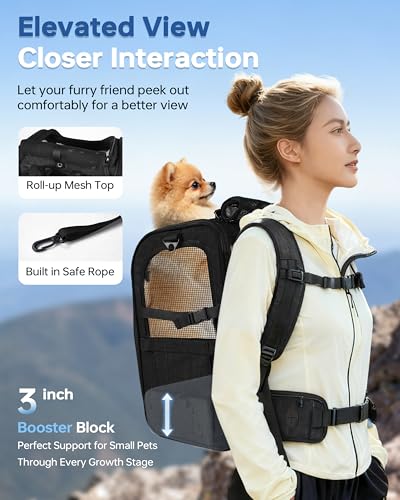Hiking Dog Carrier Backpack, Padded Height-Enhancing Design, Adjustable Waist Cushioning Belt with Breathable Padded Back Support, Dog Carrier Backpack for Small Dogs Max 13LB Black with Pad - color: Black