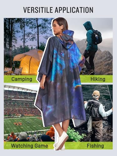 SaphiRose Extra Thick Hooded Rain Poncho Double Layer Waterproof Raincoat Jacket for Men Women Adults - color: Universe Galaxy