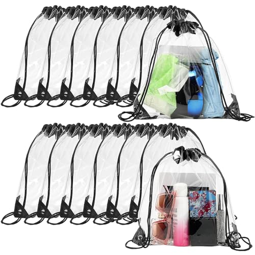 Shappy 30 Pcs Clear Drawstring Backpack, Plastic Waterproof Transparent Stadium Bags String Bag for Gym Travel (Black) - color: Black