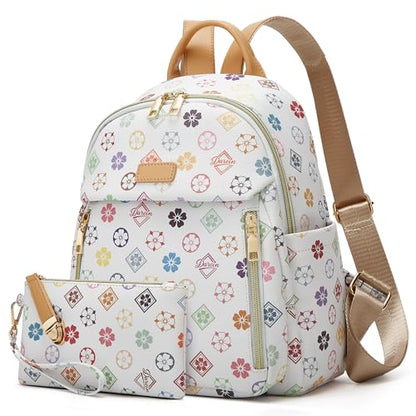 Makes Mini Backpack for Women, Stylish Daypack Purse Handbag Small Casual Daily Travel Bag, Lady Girls Gifts for Work School, 2pcs Sets - color: Triwhite Flower