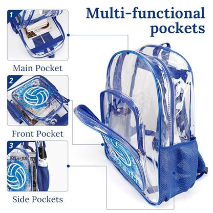 Custom Volleyball Clear Backpack Heavy Duty for Girls Kids Boys | Large Cool PVC Volleyball Theme Printing Transparent Backpacks for Schools Stadium Concerts Work - Clear/Blue - color: Volleyball Clear Backpack 2 Blue With Front Pocket Custom