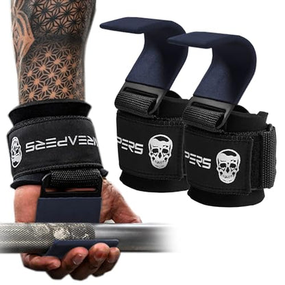 Gymreapers Weight Lifting Hooks (Pair), Heavy Duty Power Wrist Straps Hand Grip Support For Deadlifts, Pull Ups, Shrugs - Gym Gloves For Men and Women - color: Navy