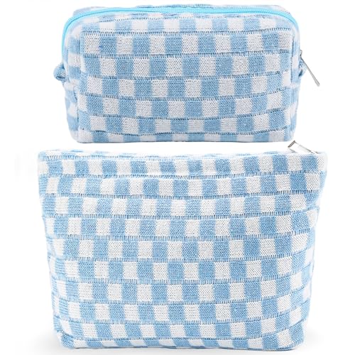 ZLFSRQ 2Pcs Checkered Makeup Bag for Women Large Small Checkered Cosmetic Bag Set Aesthetic Preppy Pencil Case Cute Pencil Pouch Blue Makeup Pouch for Purse Travel Toiletry Bags Zipper Skincare Bags - color: B-Checkered 2Pcs Mix Blue