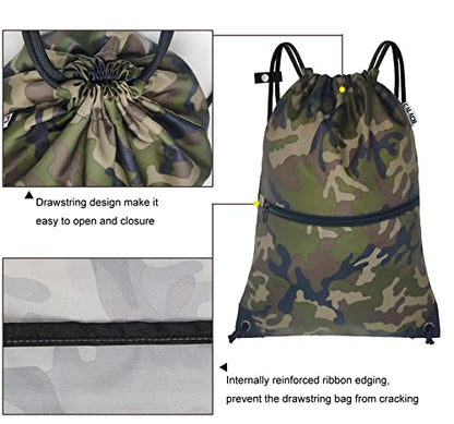 draw string back bag, Large Gym Sports string backpack for men and women with front zipper pocket and inside zipper pocket to keep key or phone (green camo) - color: Green Camo, style: Drawstring With Front Pocket