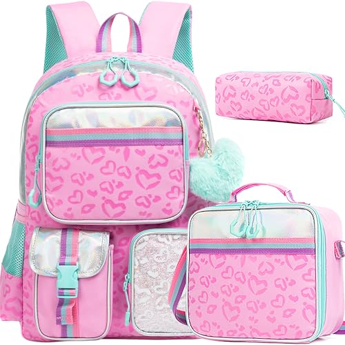 Meetbelify Pink Aesthetic Backpack with Lunch Box for Elementary to Teen Girls - color: 3pcs Pink Love
