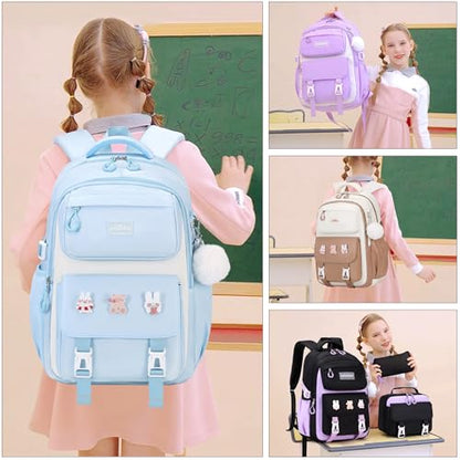 DIGOBAY 3PCS Girls Backpack for School, Kids Backpack for Girls with Lunch Box Pencil Case Set for Teen Girl Elementary Primary Middle High College School Bookbag with Cute Pins (Blue) - color: Blue