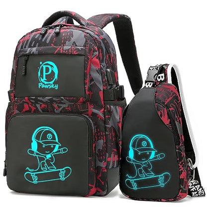 Skateboard Anime Luminous Backpack School Backpack with USB Charging Port for Teen Boys, College School Bookbag Lightweight Laptop Bag with Sling Bag Set, Red - style: Skateboard-red1