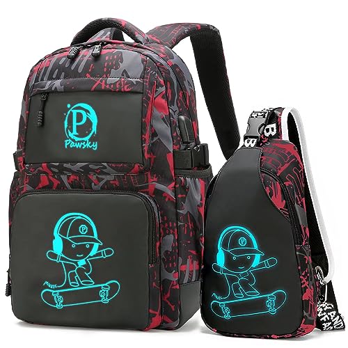 Skateboard Anime Luminous Backpack School Backpack with USB Charging Port for Teen Boys, College School Bookbag Lightweight Laptop Bag with Sling Bag Set, Red - style: Skateboard-red1