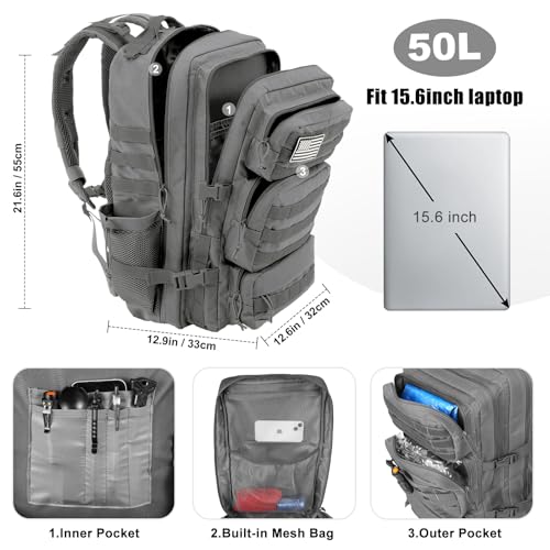 Military Tactical Backpack 50L Large Day Backpack for Men Molle Army 3 Days Assault Pack Bug Out Bag Water Resistant and Heavy Duty Hiking Treeking Rucksack - Grey - color: Grey, size: 50L