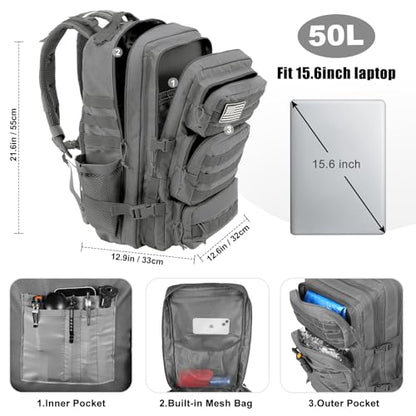 Military Tactical Backpack 50L Large Day Backpack for Men Molle Army 3 Days Assault Pack Bug Out Bag Water Resistant and Heavy Duty Hiking Treeking Rucksack - Grey - color: Grey, size: 50L